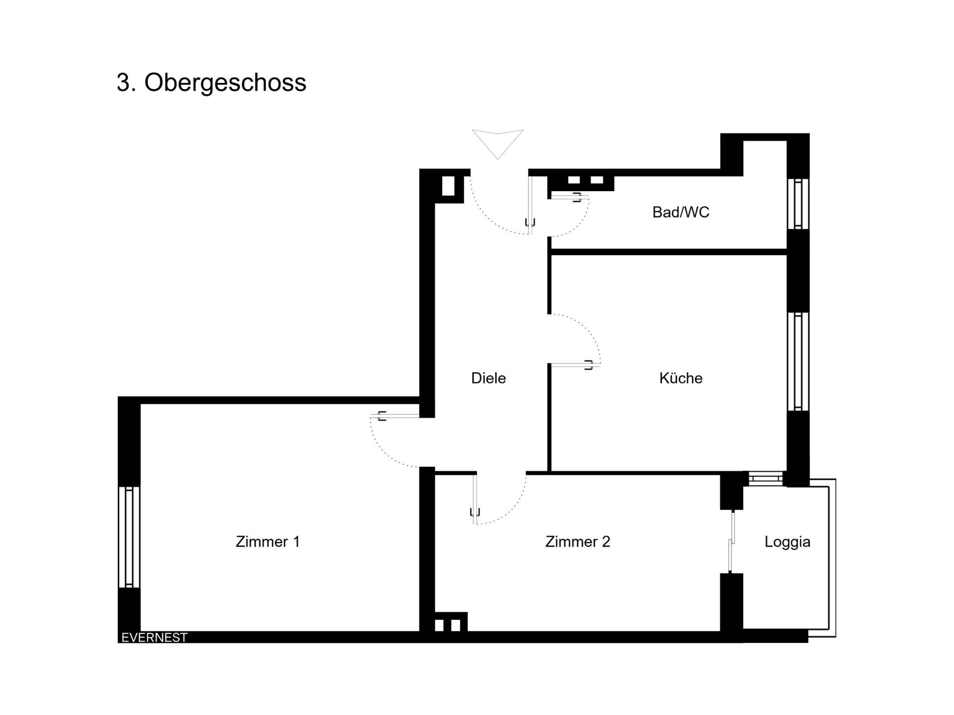 Grundriss einer Wohnung mit zwei Zimmern, Küche, Bad/WC, Diele und Loggia.