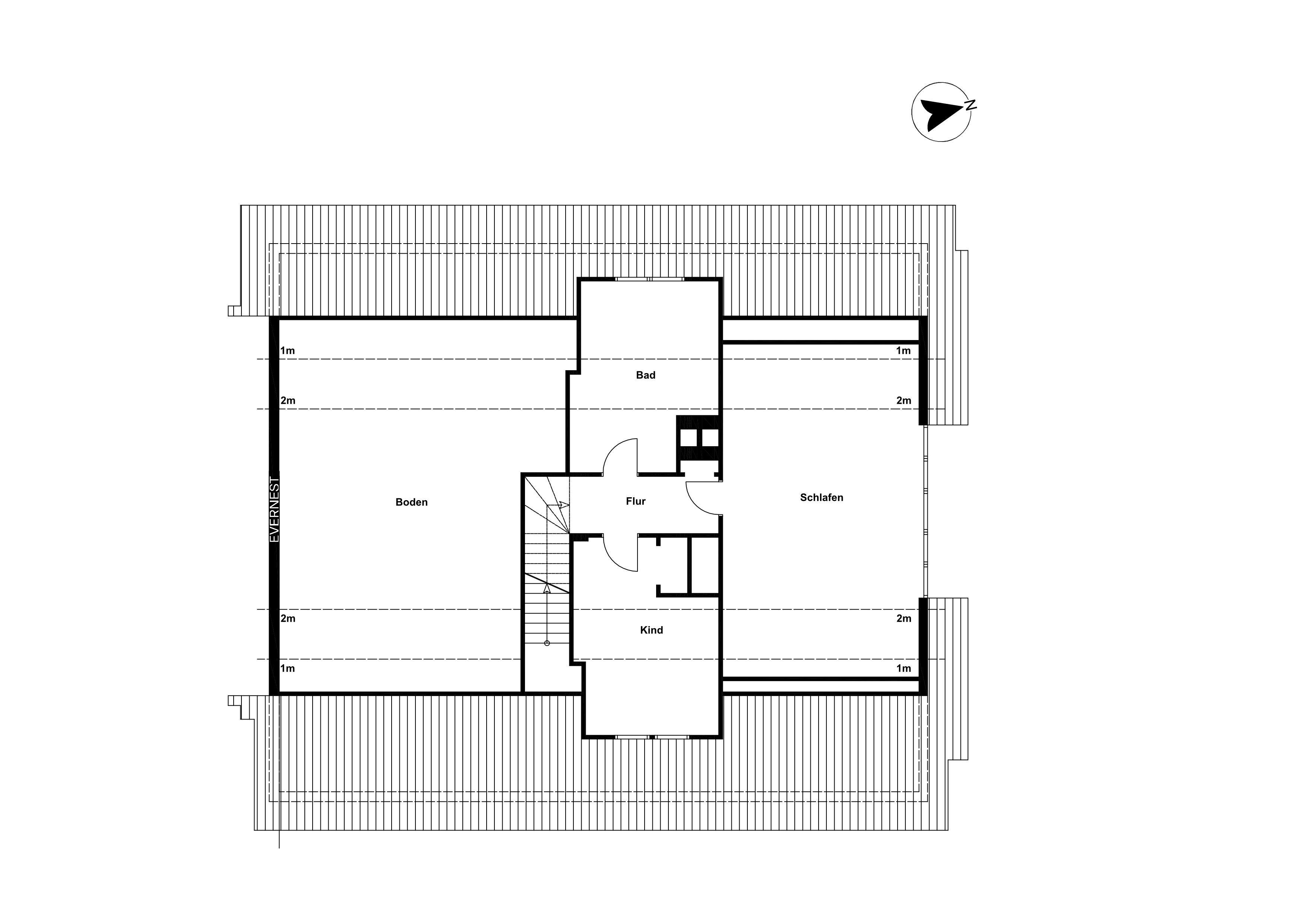 Grundriss mit Räumen: Flur, Kind, Schlafen, Bad und Boden, sowie Treppe.
