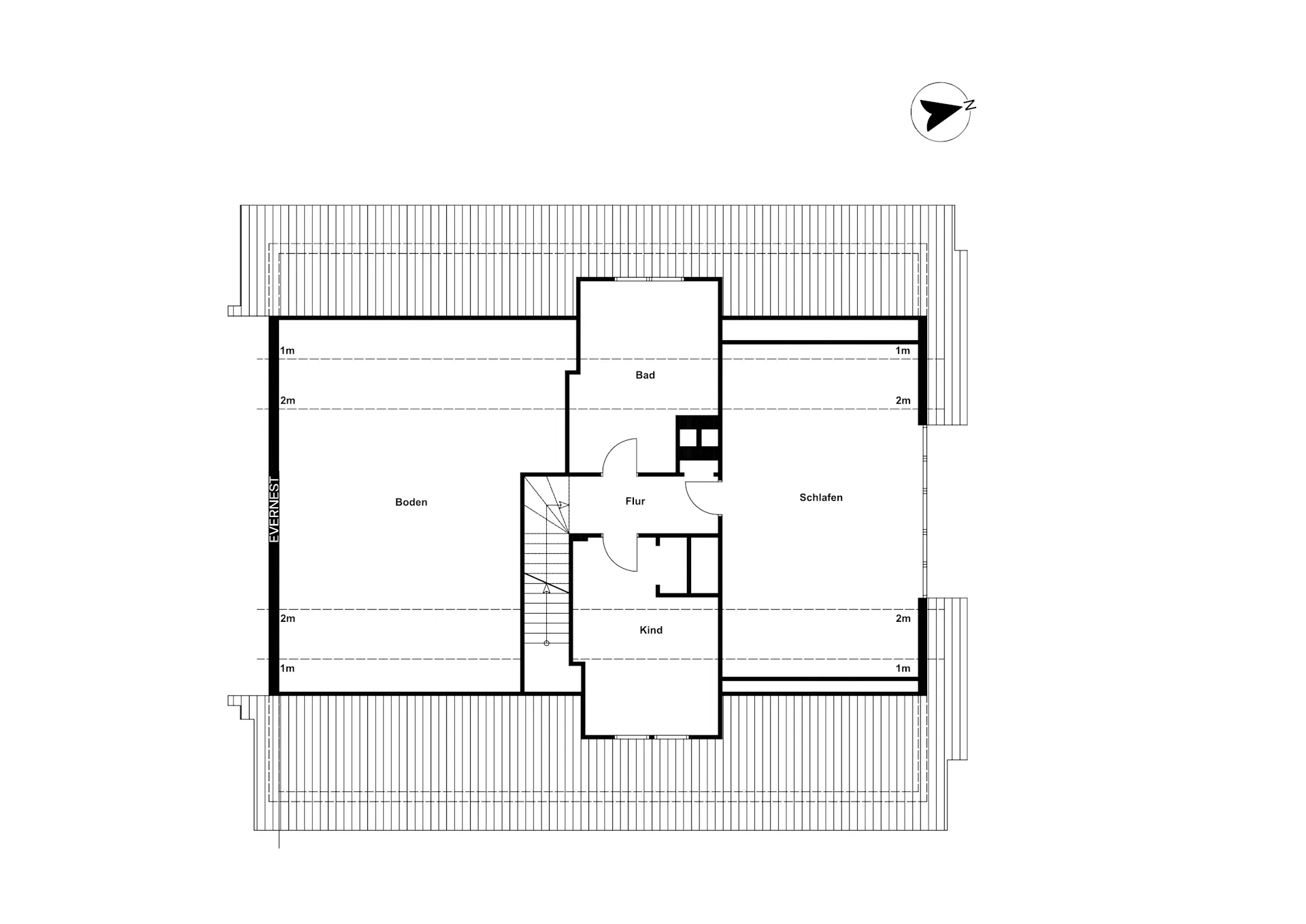 Grundriss mit Räumen: Flur, Kind, Schlafen, Bad und Boden, sowie Treppe.