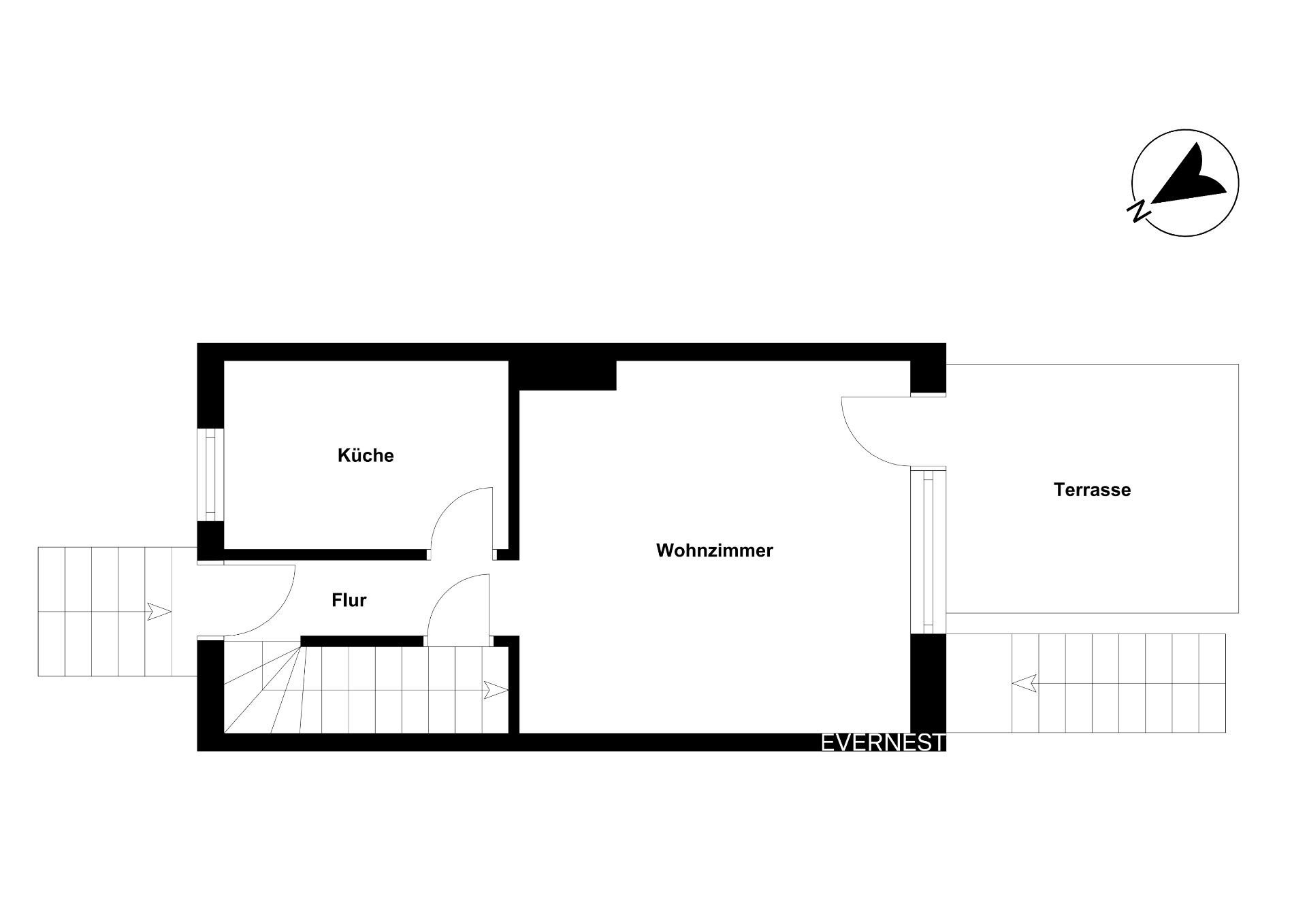 Grundriss mit Küche, Flur, Wohnzimmer und Terrasse.