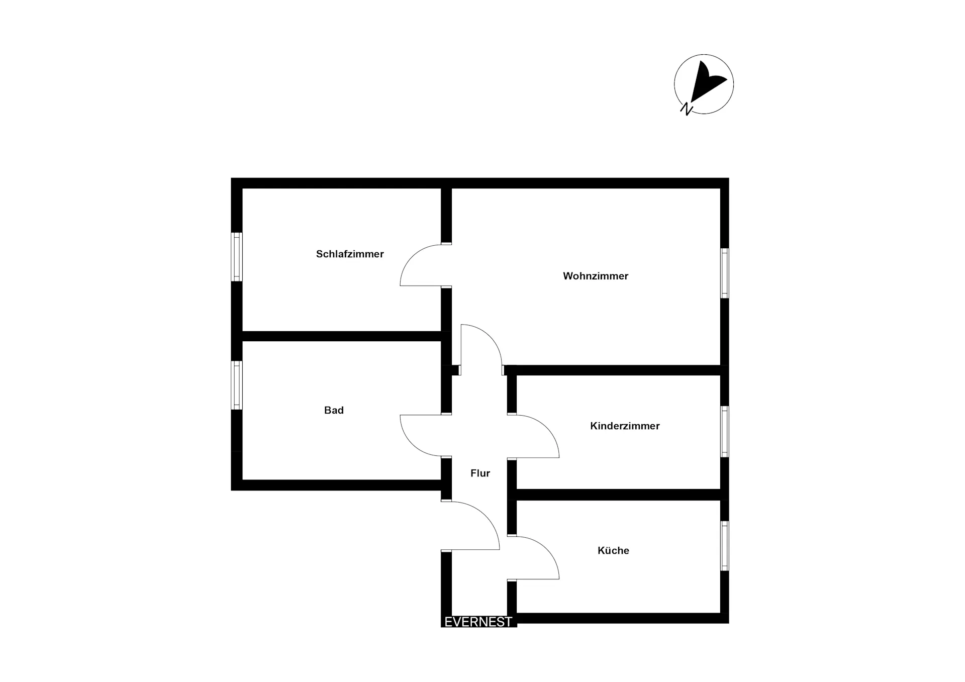 Grundriss einer Wohnung mit Schlafzimmer, Wohnzimmer, Bad, Küche, Kinderzimmer und Flur.