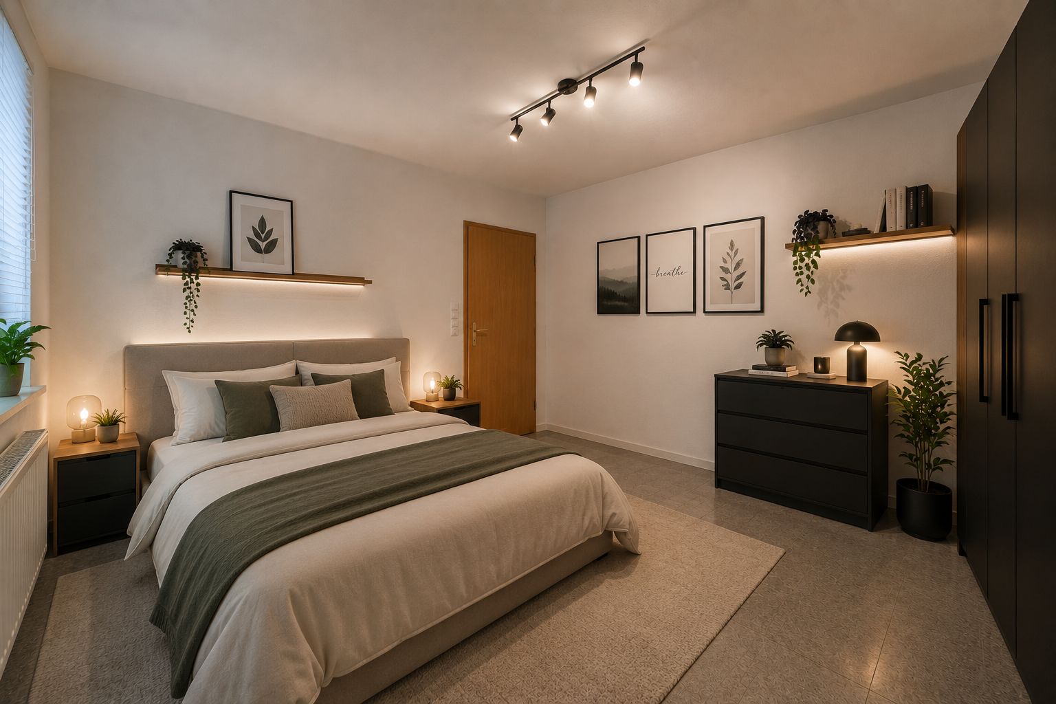 Modernes Schlafzimmer mit Doppelbett, Kleiderschrank, Kommode, Pflanzen und Wandbildern.