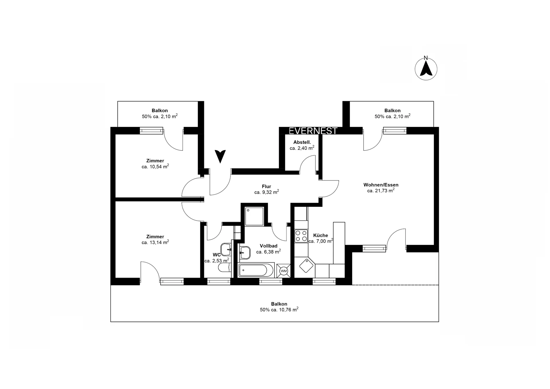 Grundriss einer Wohnung mit zwei Zimmern, Wohnzimmer, Küche, Bad, WC und drei Balkonen.