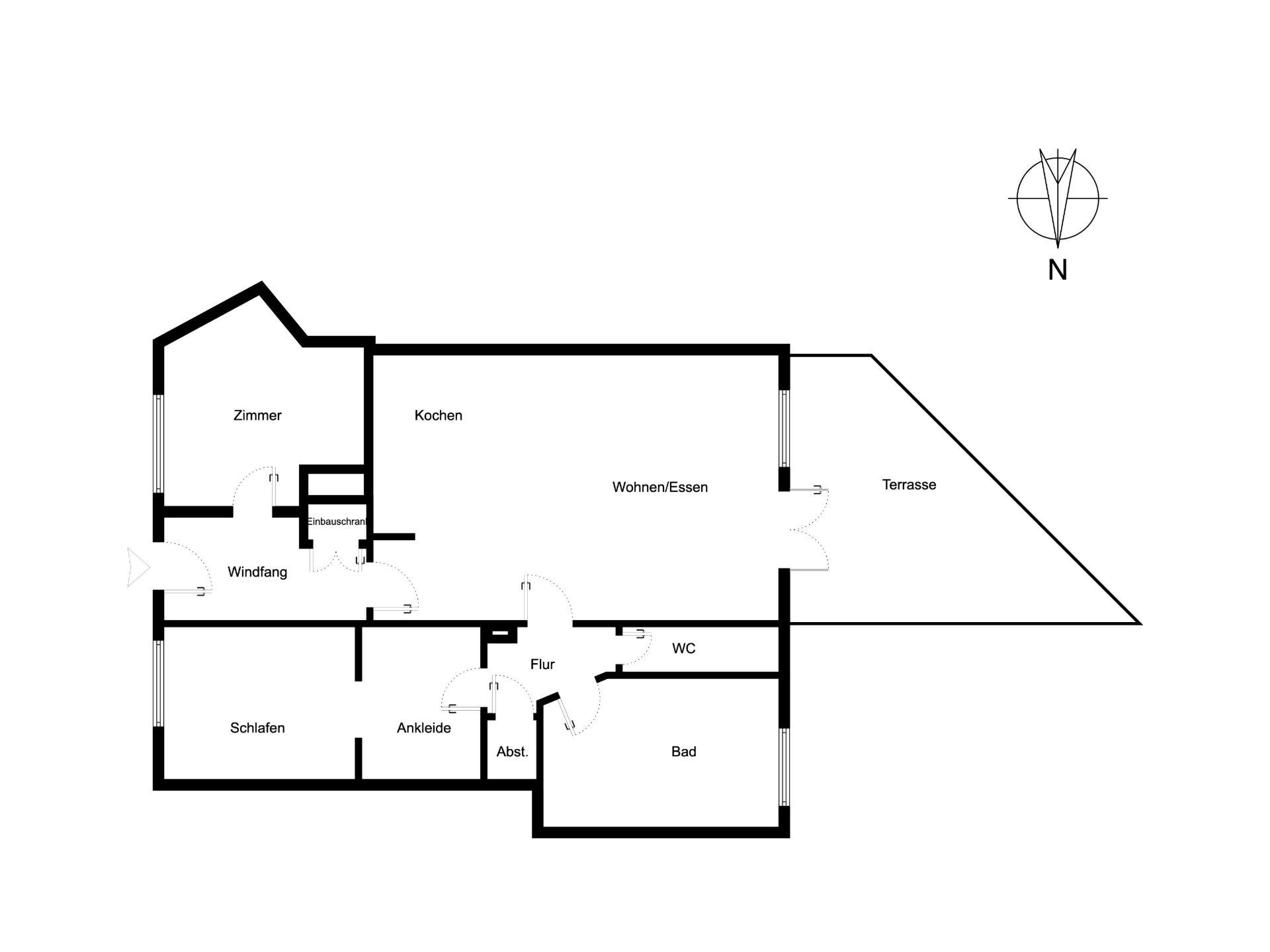 Grundriss mit Zimmern, Schlafen, Ankleide, Bad, WC, Kochen, Wohnen/Essen und Terrasse.