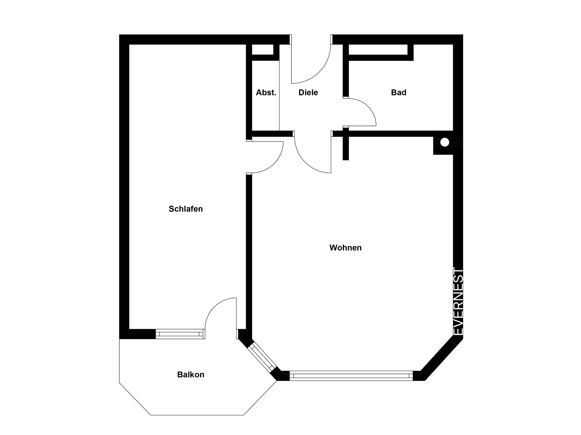 Grundriss einer Wohnung mit Schlafzimmer, Wohnzimmer, Bad, Abstellraum, Diele und Balkon.