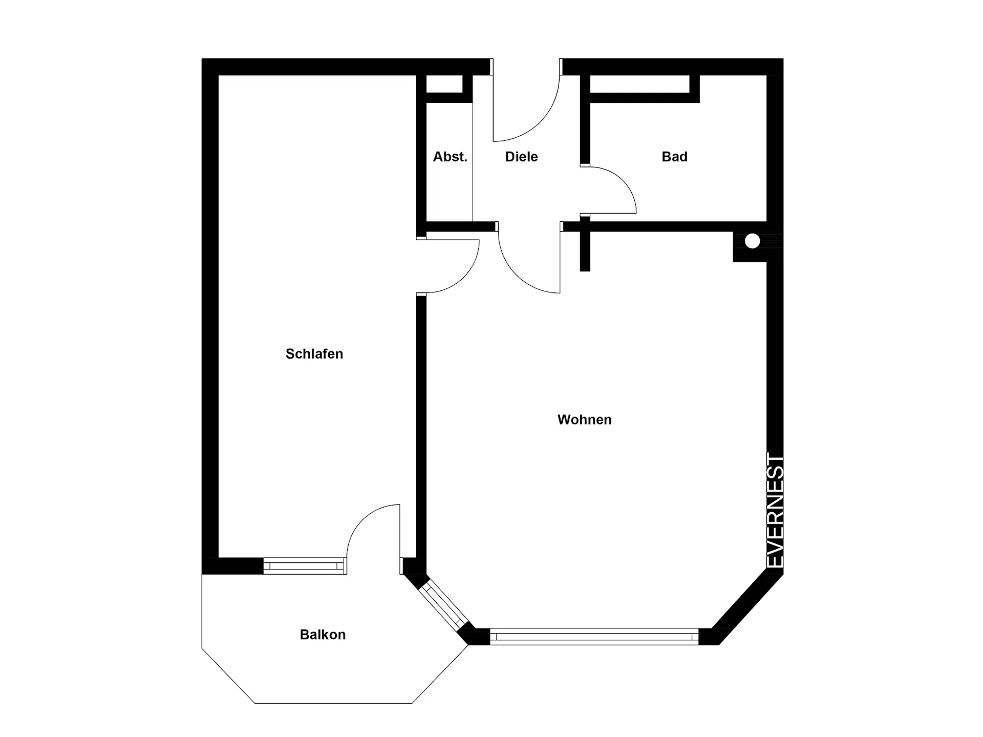 Grundriss einer Wohnung mit Schlafzimmer, Wohnzimmer, Bad, Abstellraum, Diele und Balkon.