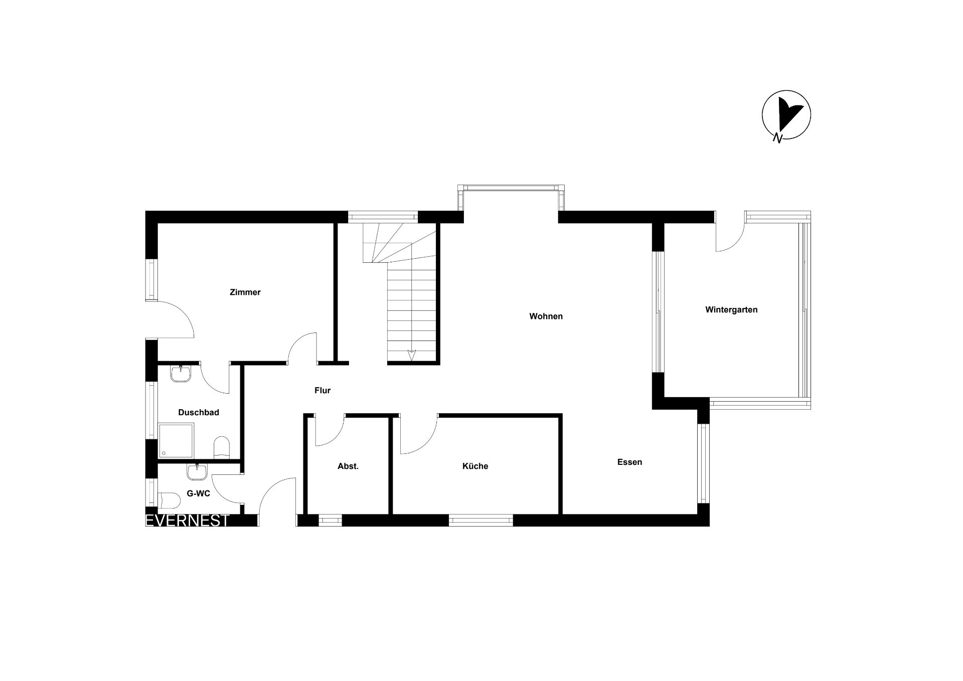 Grundriss einer Wohnung mit Zimmer, Küche, Bad, Wohnzimmer, Wintergarten und Essbereich.
