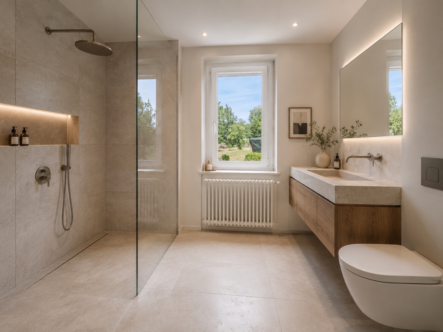 Modernes Badezimmer mit begehbarer Dusche, Fenster, Wandspiegel und hängendem Waschbecken.