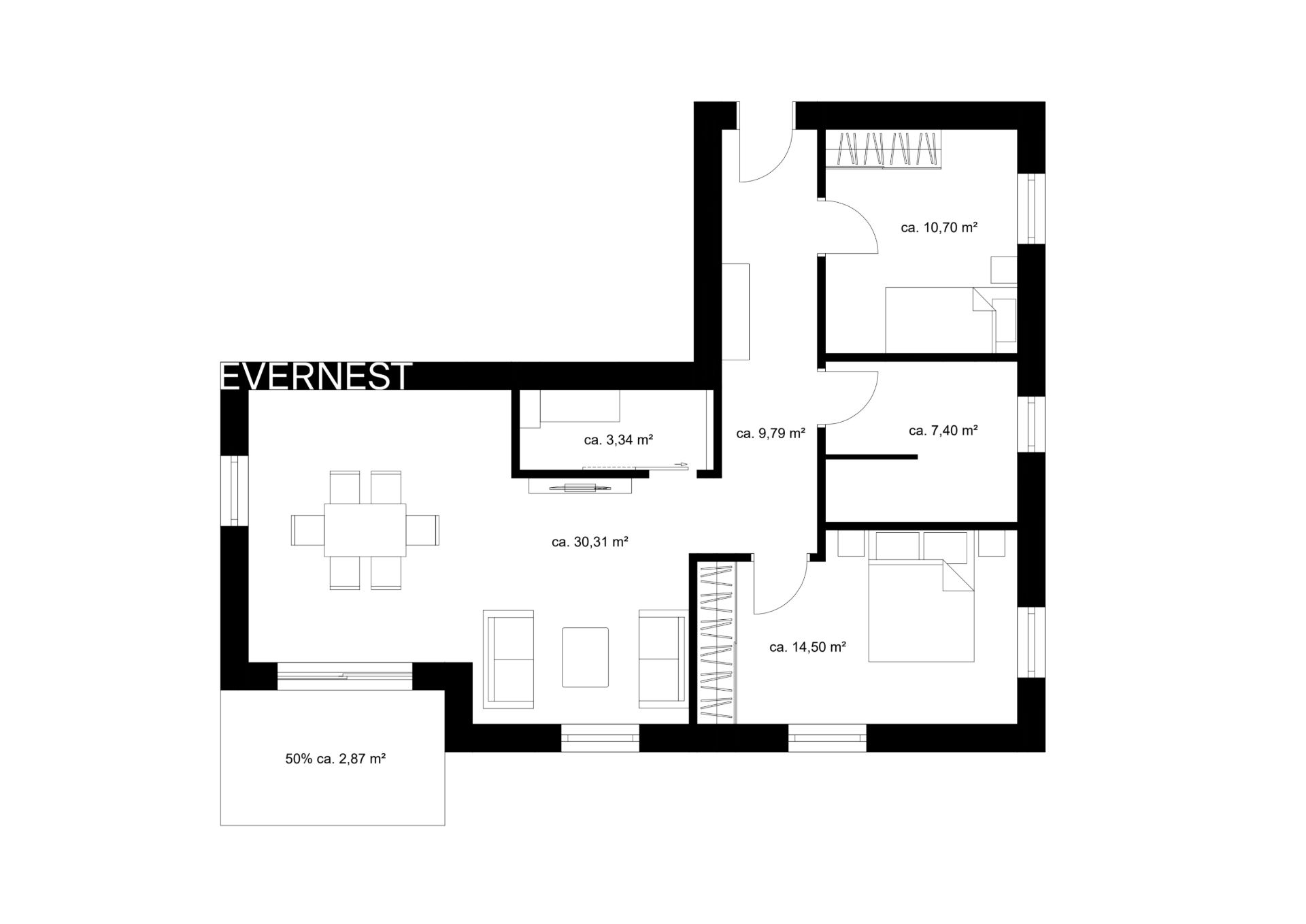 Grundriss einer Wohnung mit mehreren Zimmern, Möbeln und Flächenangaben in Quadratmetern.
