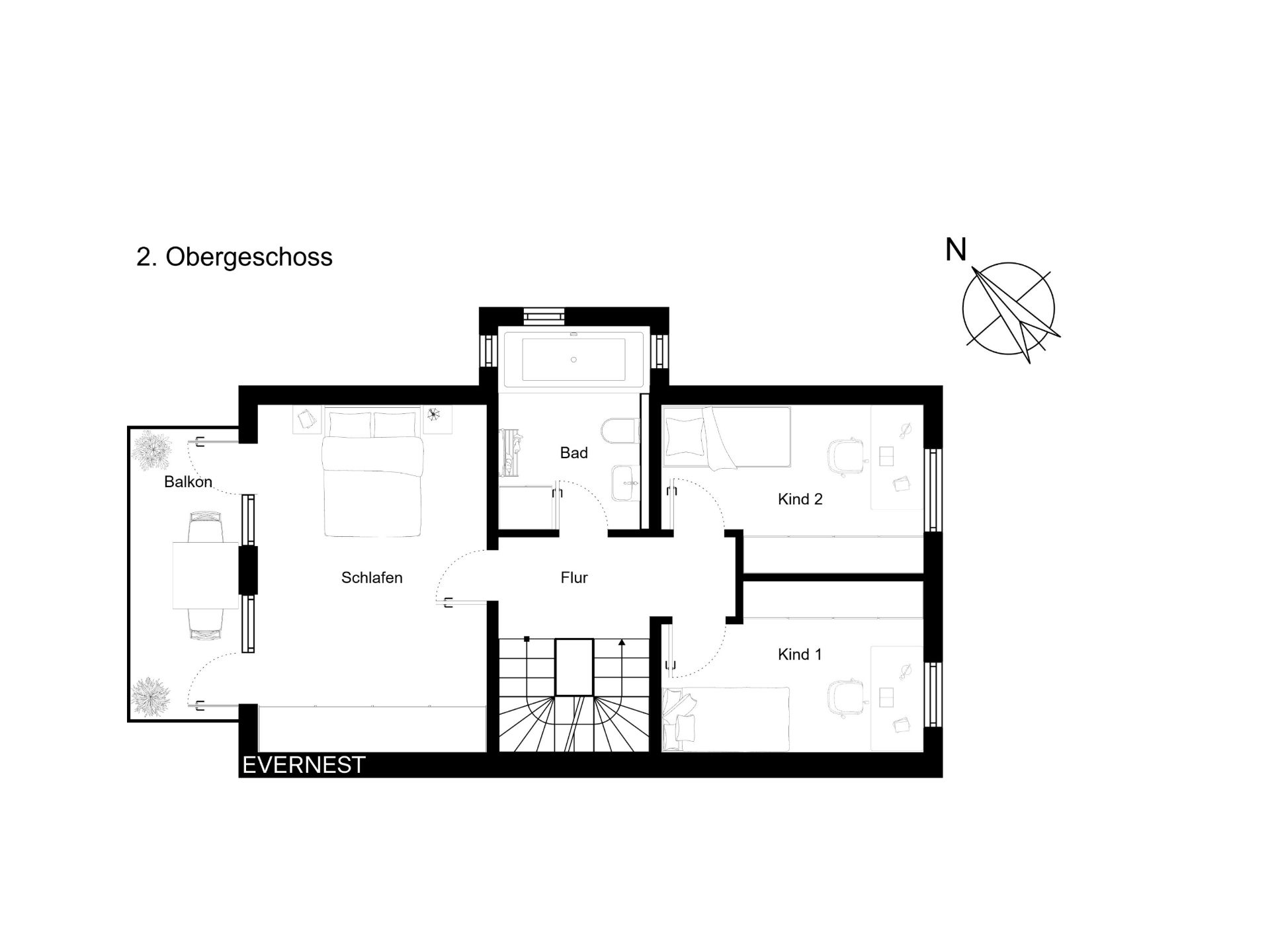 Grundriss des zweiten Obergeschosses mit Schlafzimmer, Balkon, zwei Kinderzimmern, Bad und Flur.
