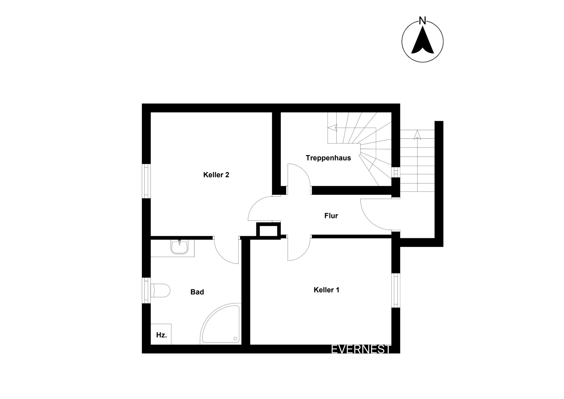 Grundriss eines Kellers mit zwei Kellerräumen, Flur, Treppenhaus, Bad und Heizungsraum.