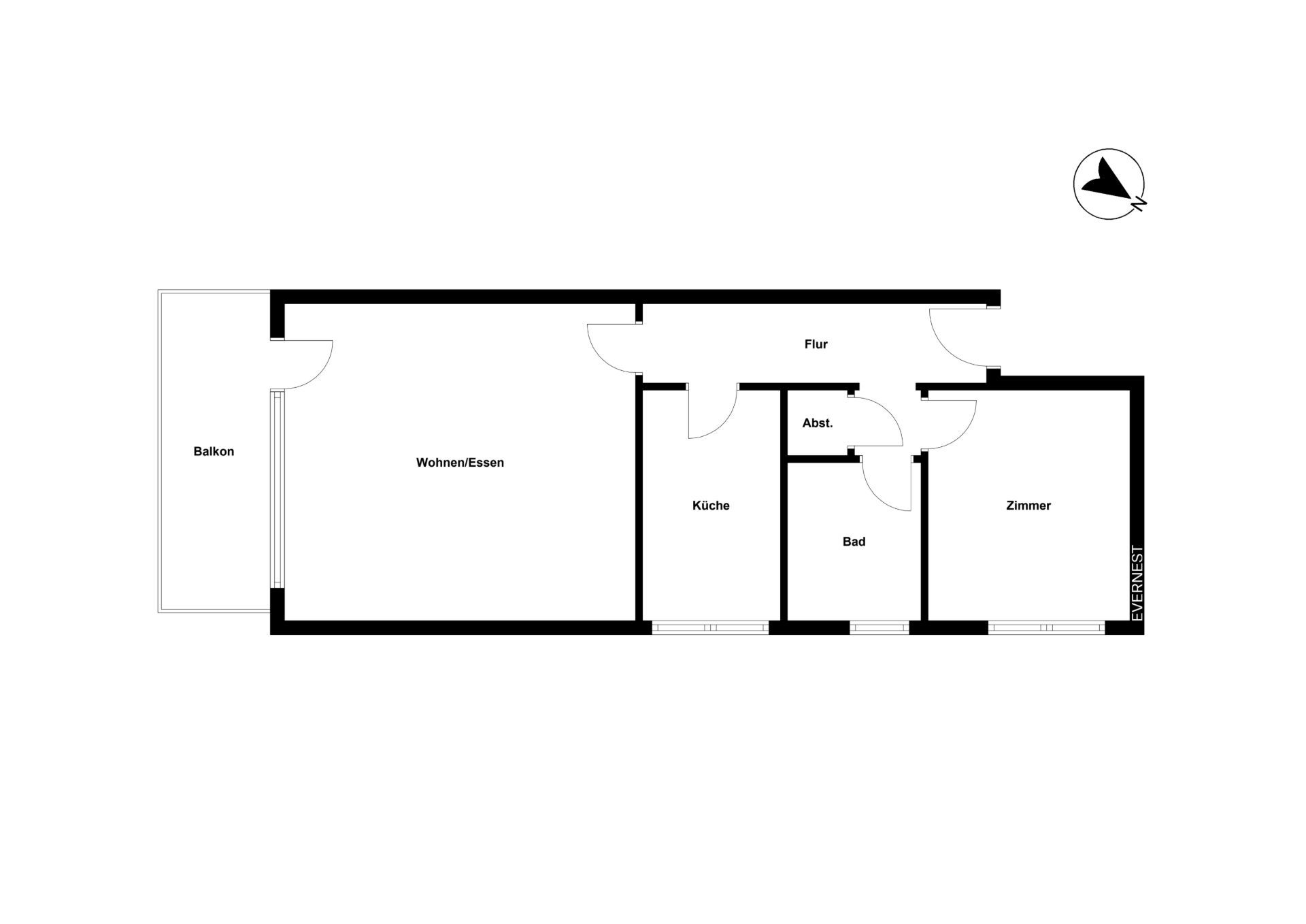 Grundriss einer Wohnung mit Balkon, Wohnbereich, Küche, Bad, Abstellraum und Zimmer.