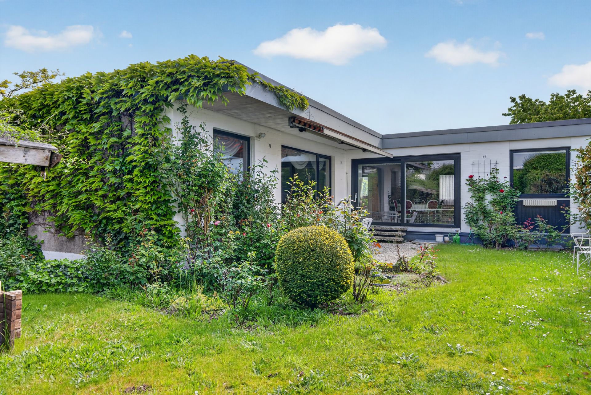 Einfamilienhaus mit Garten, großer Fensterfront und bewachsenen Außenwänden.