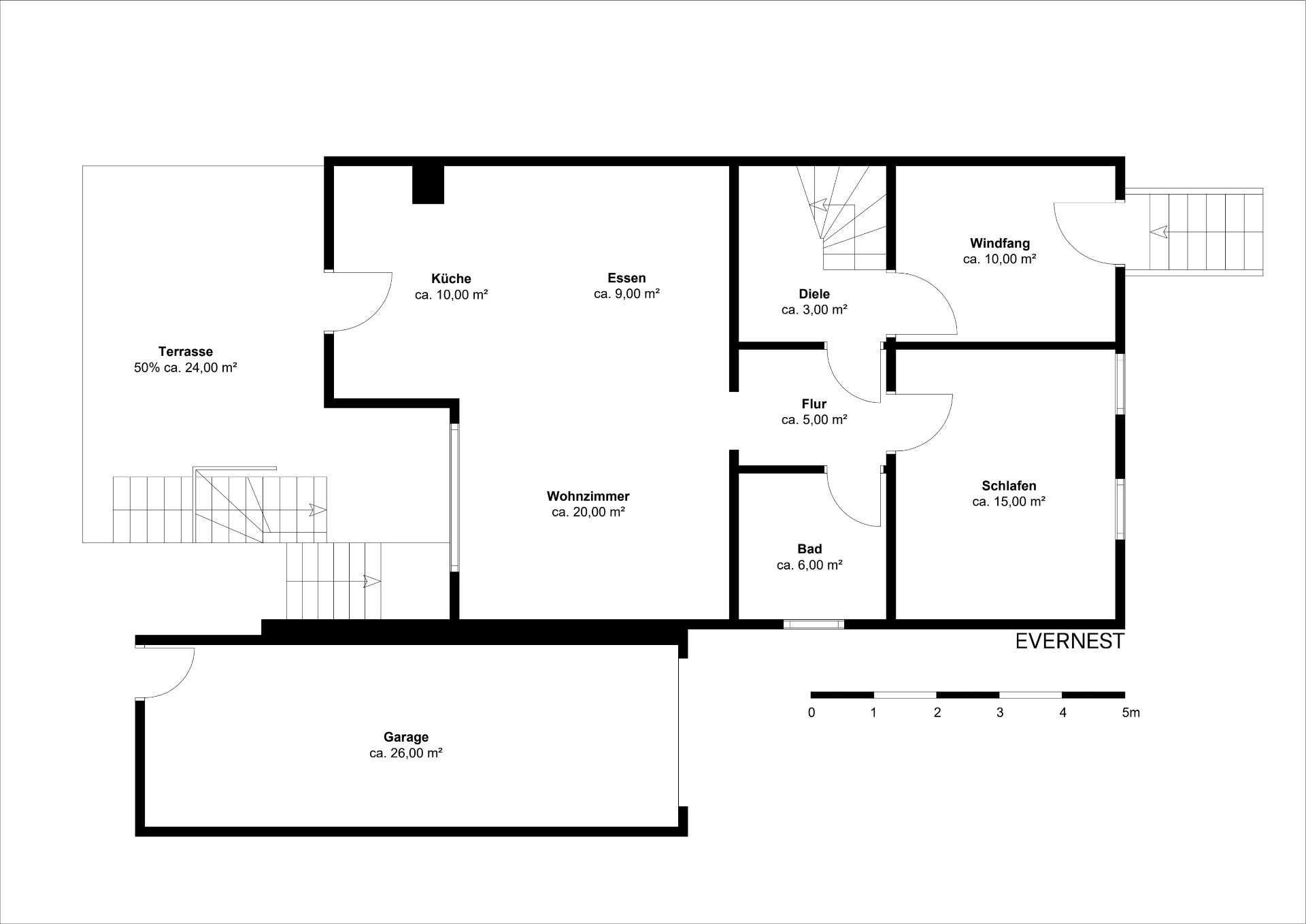 Grundriss eines Hauses mit Garage, Terrasse, Wohnzimmer, Küche, Schlafzimmer, Bad und Essbereich.