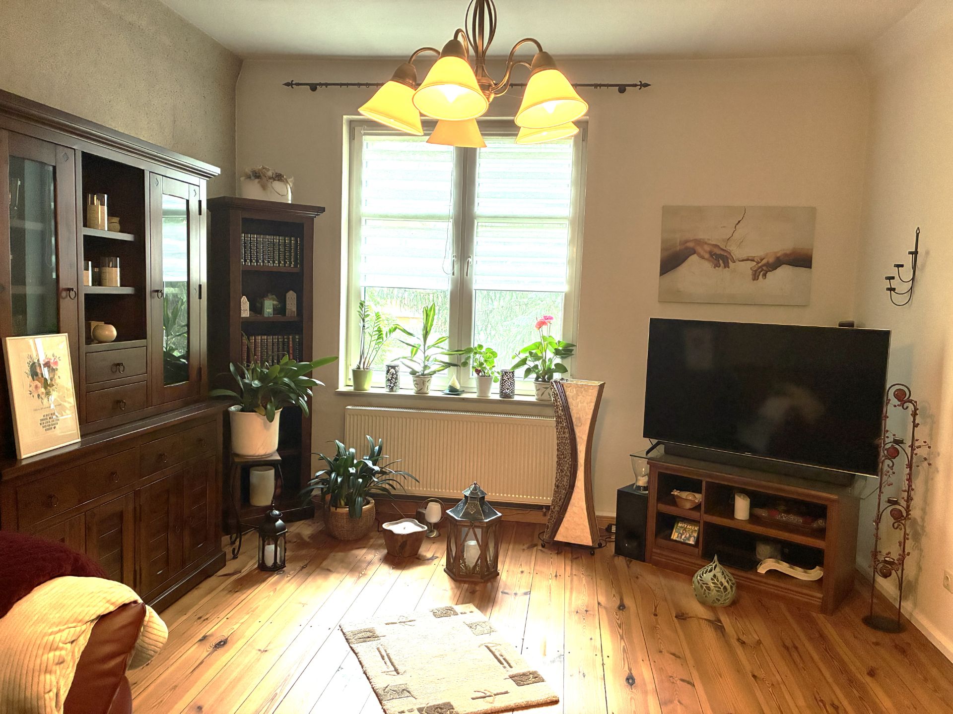 Wohnzimmer mit Holzboden, großen Fenstern, Fernseher, Pflanzen und Holzmöbeln.