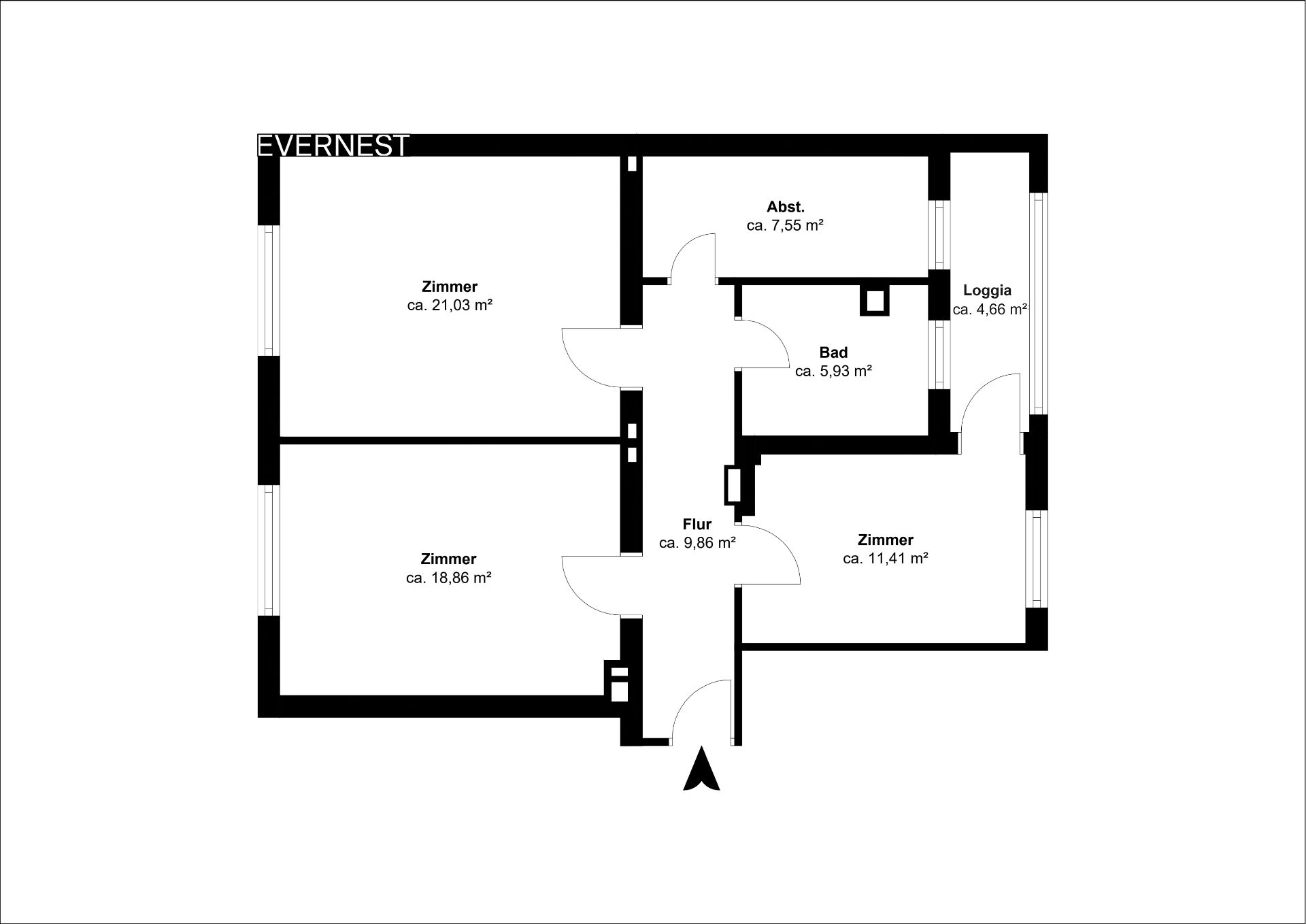 Grundriss einer Wohnung mit drei Zimmern, Bad, Flur, Abstellraum und Loggia.