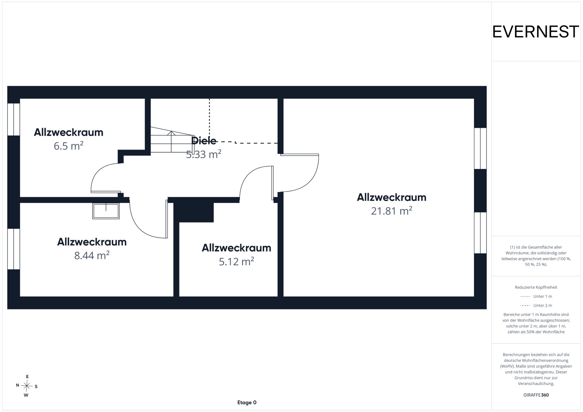 Grundriss mit vier Allzweckräumen und einer Diele, Raumgrößen sind eingezeichnet.
