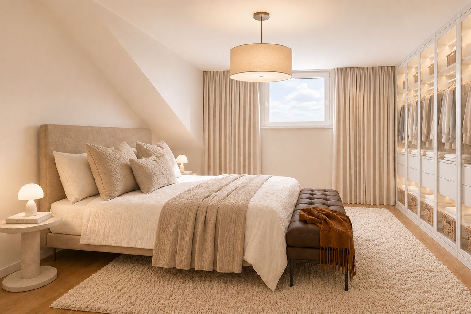 Modernes Schlafzimmer mit Doppelbett, Teppich, Fenster, Bank und beleuchtetem Kleiderschrank.