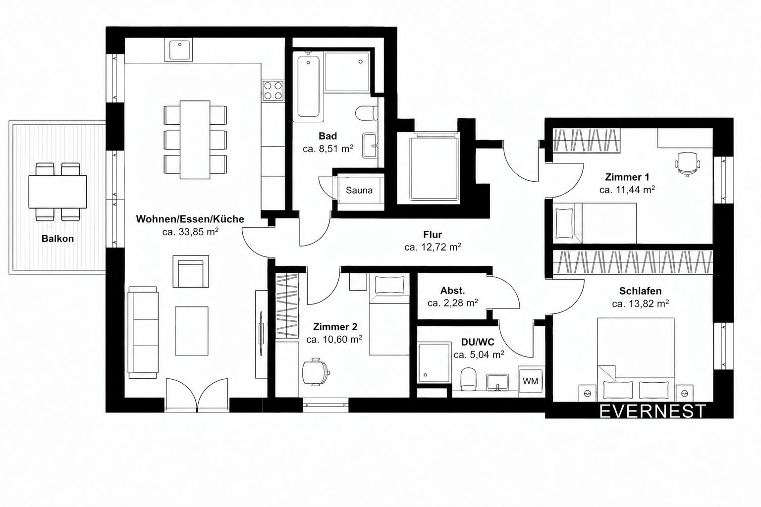 Grundriss einer Wohnung mit drei Schlafzimmern, zwei Bädern, Küche, Wohnzimmer und Balkon.