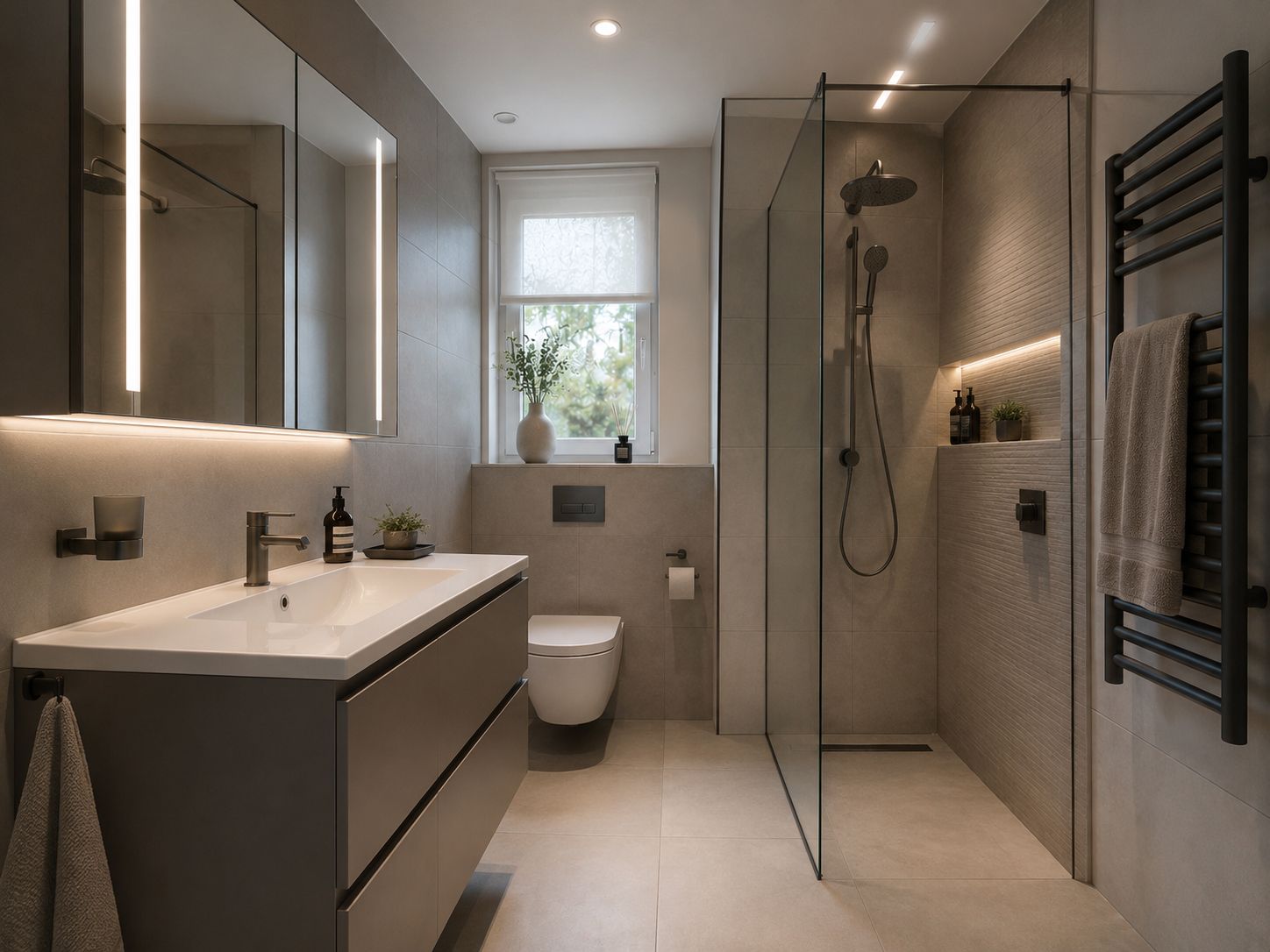 Modernes Badezimmer mit großer Dusche, Waschbecken, wandhängender Toilette und Fenster.
