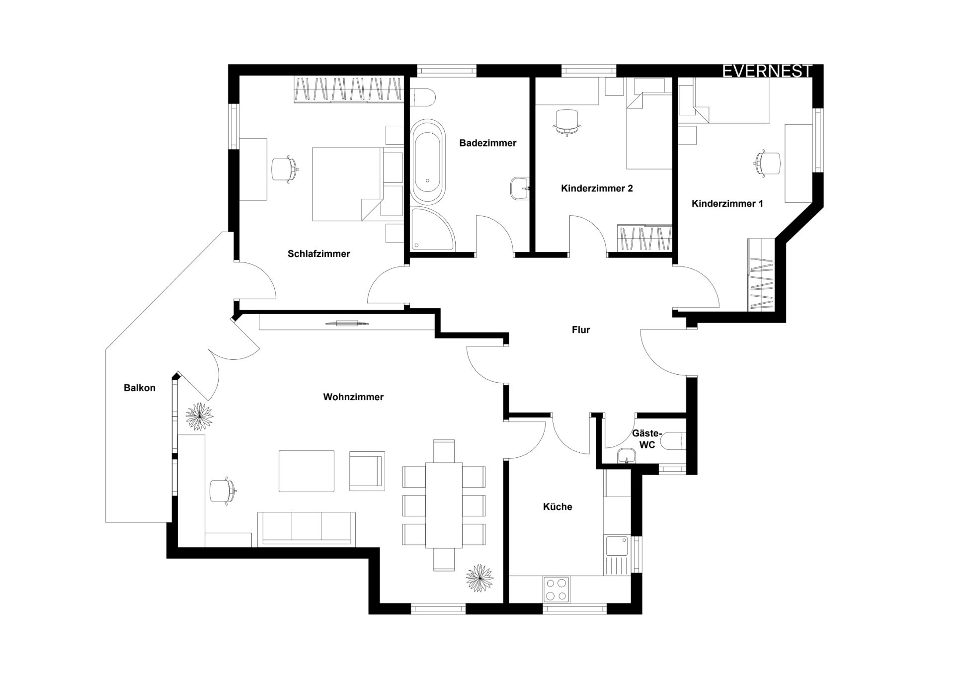 Grundriss einer Wohnung mit Wohnzimmer, Schlafzimmer, zwei Kinderzimmern, Küche, Bad und Balkon.
