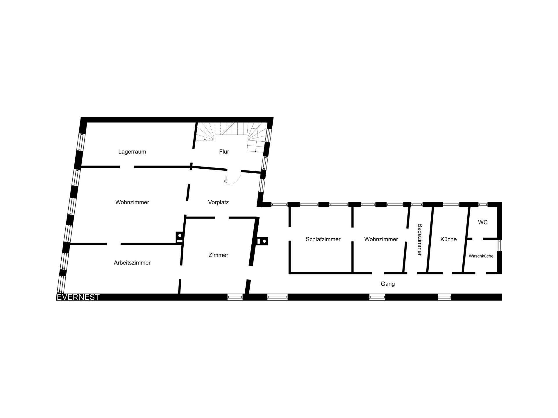 Grundriss mit Schlafzimmer, Wohnzimmer, Küche, Bad, WC, Arbeitszimmer und Abstellraum.
