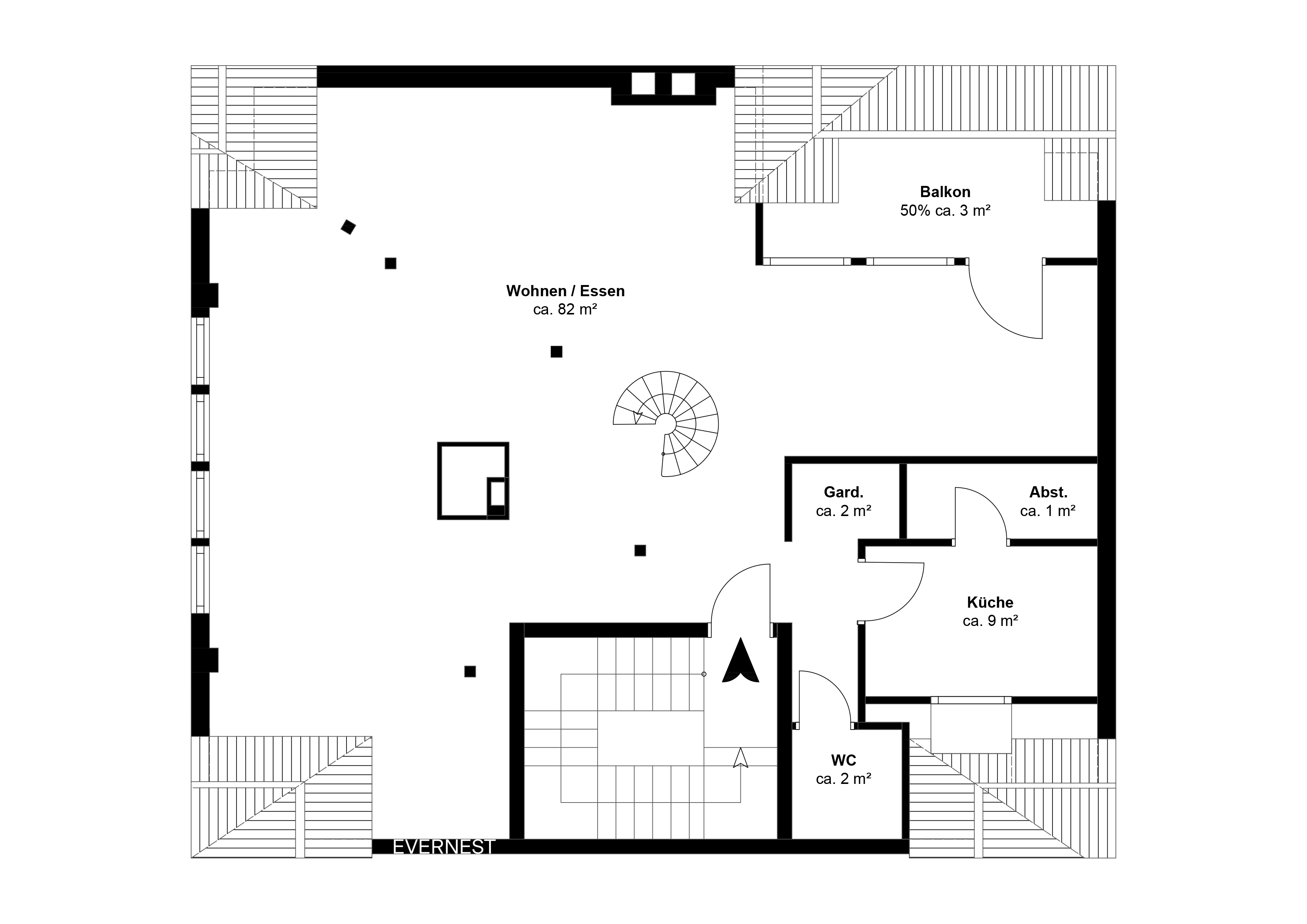 Grundriss mit Wohn-/Essbereich, Küche, WC, Garderobe, Abstellraum und Balkon.