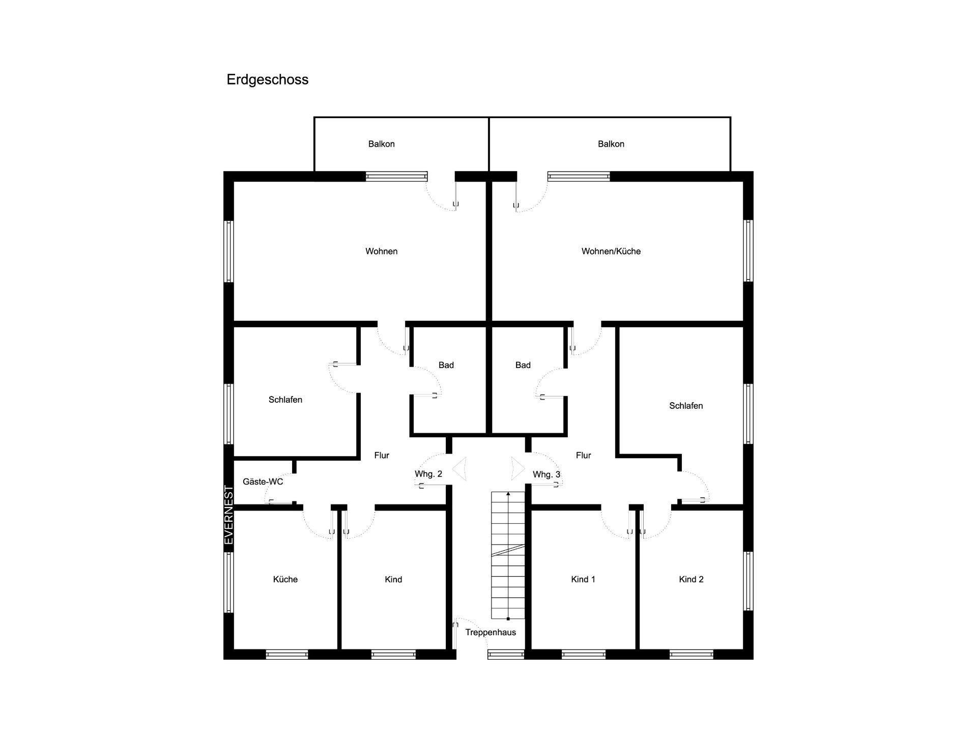 Grundriss des Erdgeschosses mit zwei Wohnungen, Balkonen, Schlafzimmern, Kinderzimmern und Bädern.