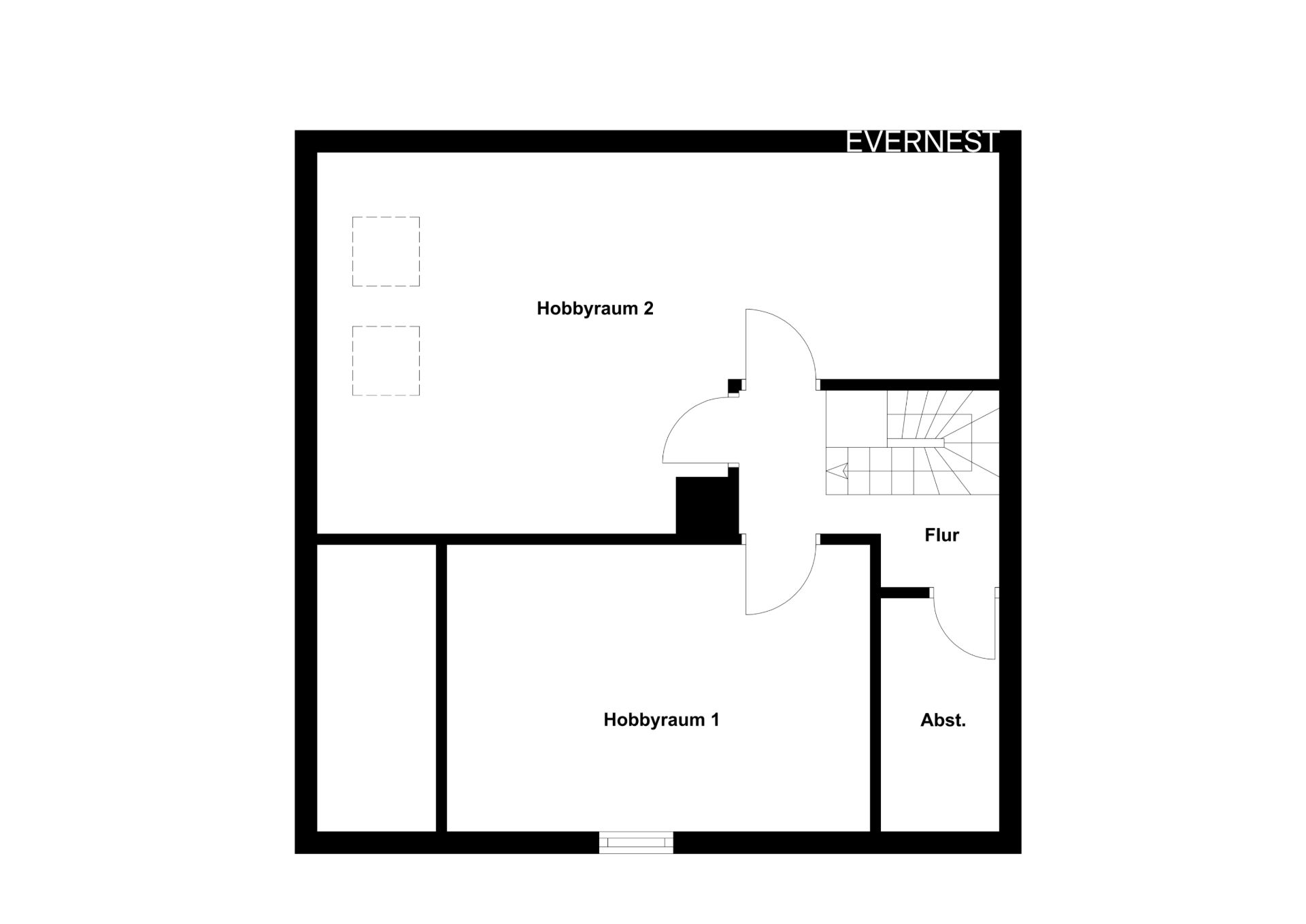Grundriss mit zwei Hobbyräumen, Flur und Abstellraum.