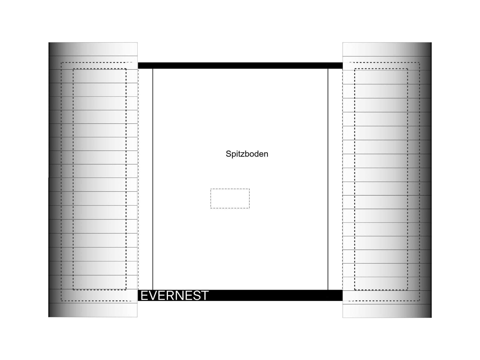 Grundriss eines Spitzbodens mit rechteckiger Fläche und seitlichen Flächen.