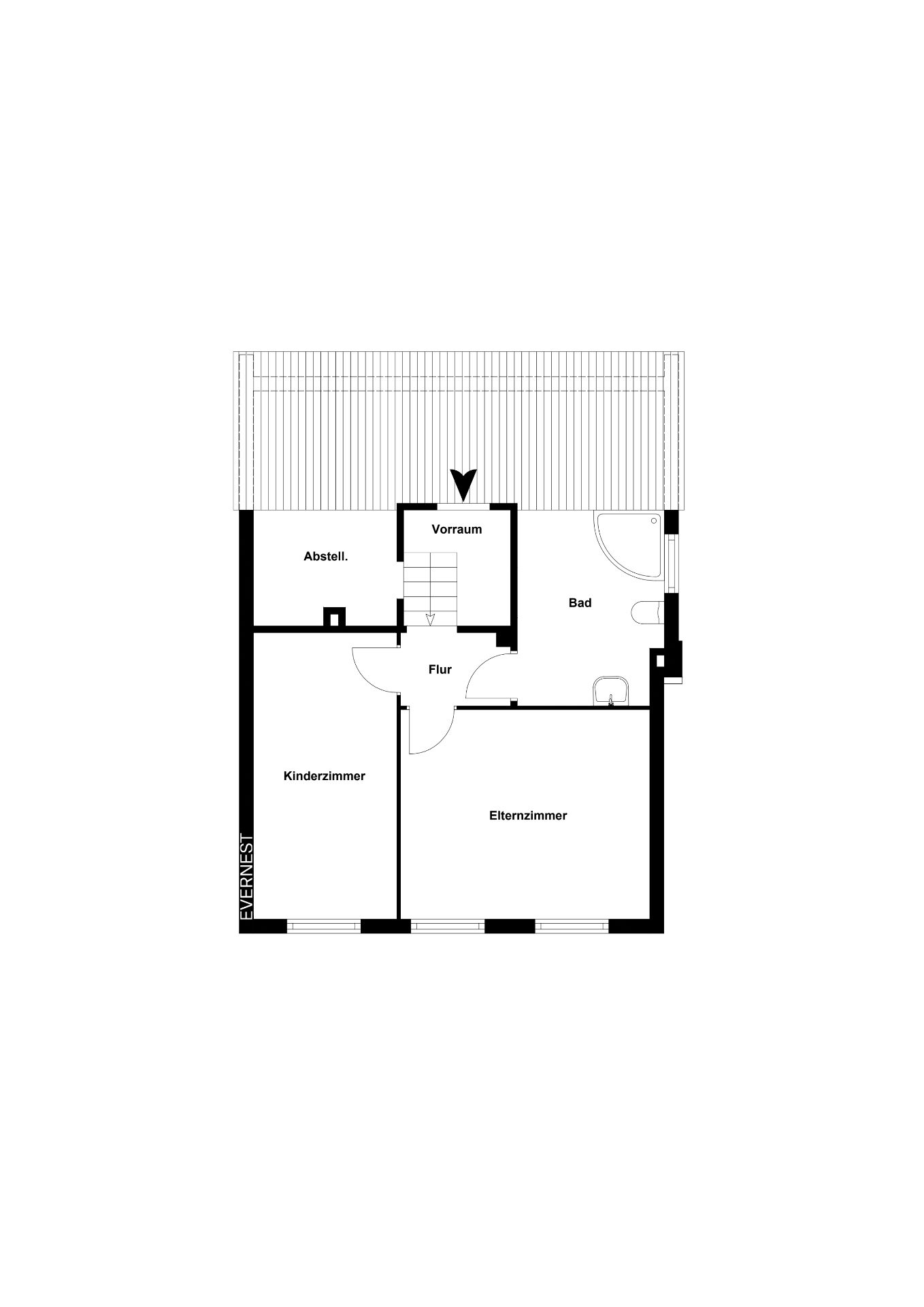Grundriss mit Elternzimmer, Kinderzimmer, Bad, Flur, Abstellraum und Vorraum.
