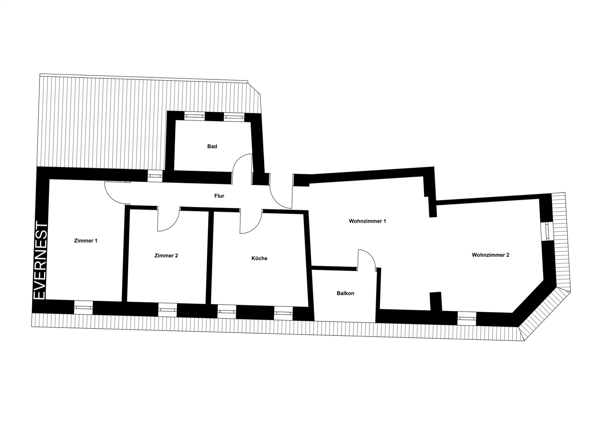 Grundriss einer Wohnung mit zwei Wohnzimmern, zwei Zimmern, Küche, Bad, Flur und Balkon.