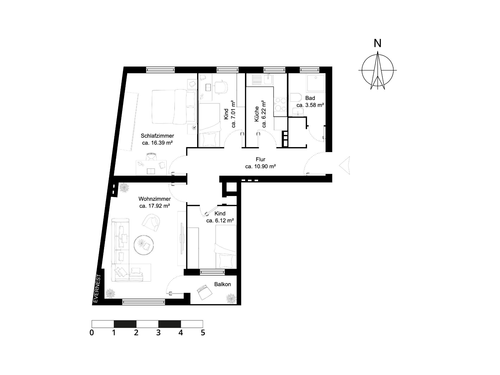 Grundriss einer Wohnung mit Schlafzimmer, Wohnzimmer, zwei Kinderzimmern, Bad, Küche und Balkon.