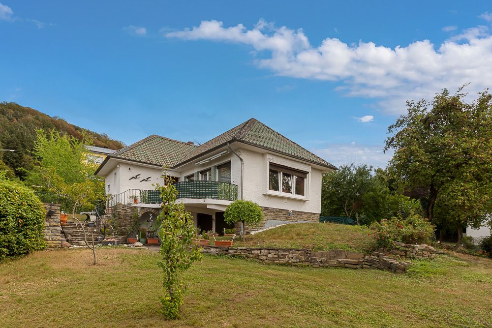Weißes Einfamilienhaus mit grünem Dach, Terrasse und großem Garten im Grünen.