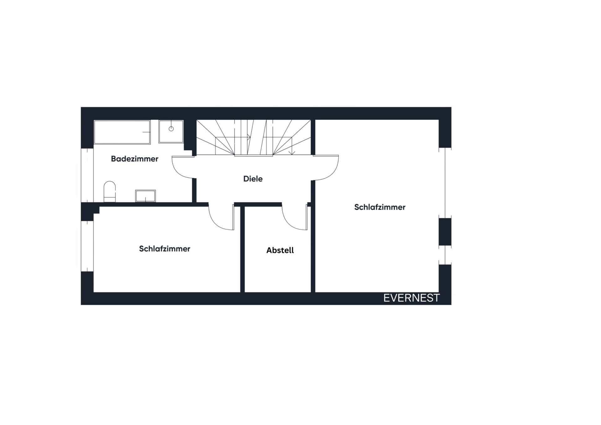 Grundriss mit zwei Schlafzimmern, Badezimmer, Diele und Abstellraum.