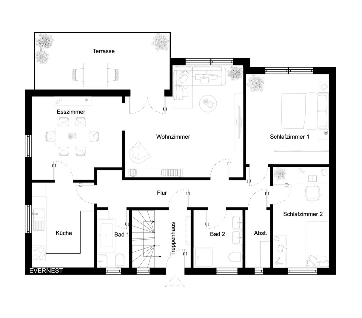 Grundriss einer Wohnung mit Terrasse, Wohnzimmer, Esszimmer, Küche, zwei Schlafzimmern und zwei Bädern.