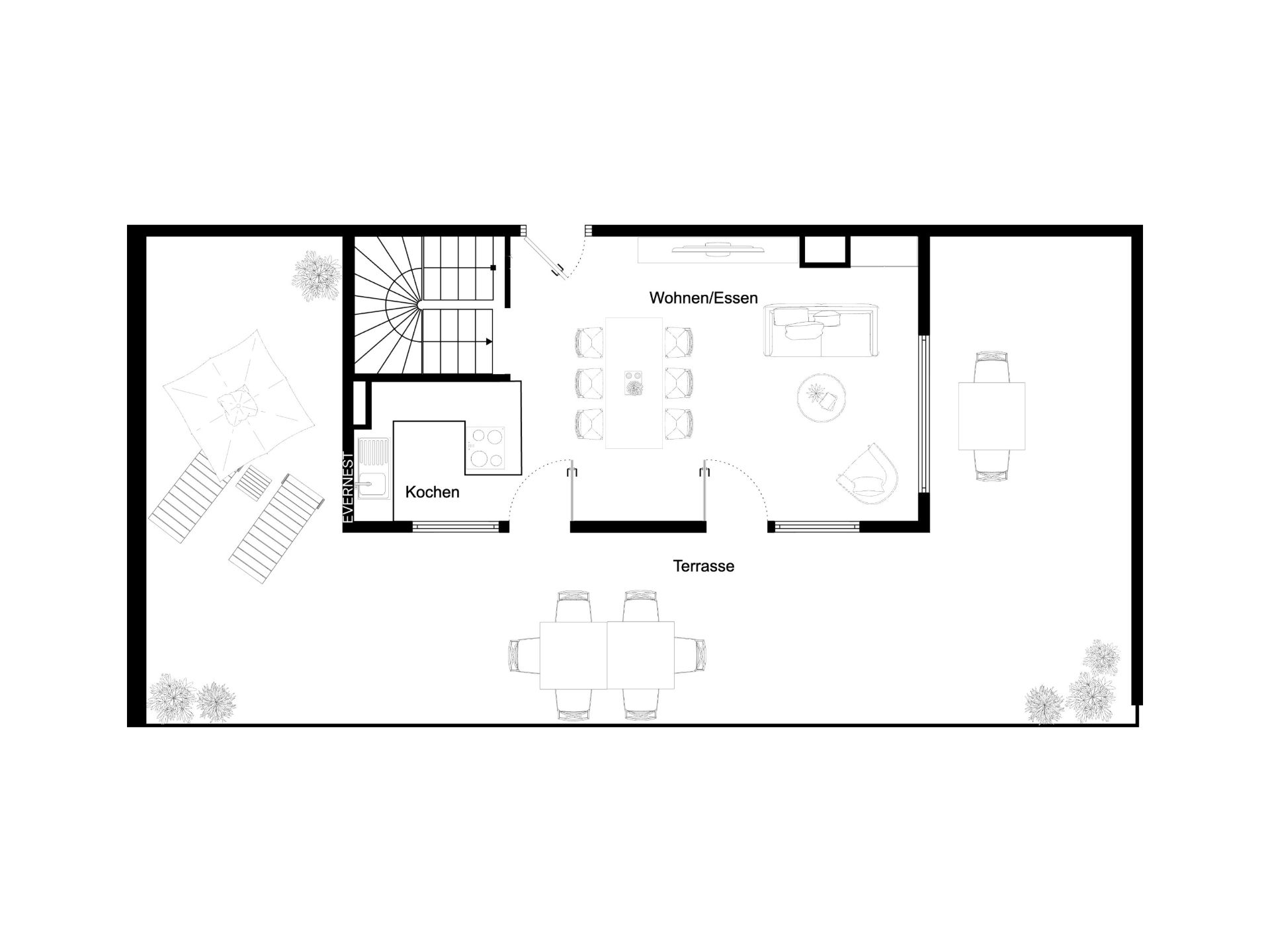 Grundriss eines Wohnbereichs mit Küche, Essplatz, Wohnzimmer und Terrasse.