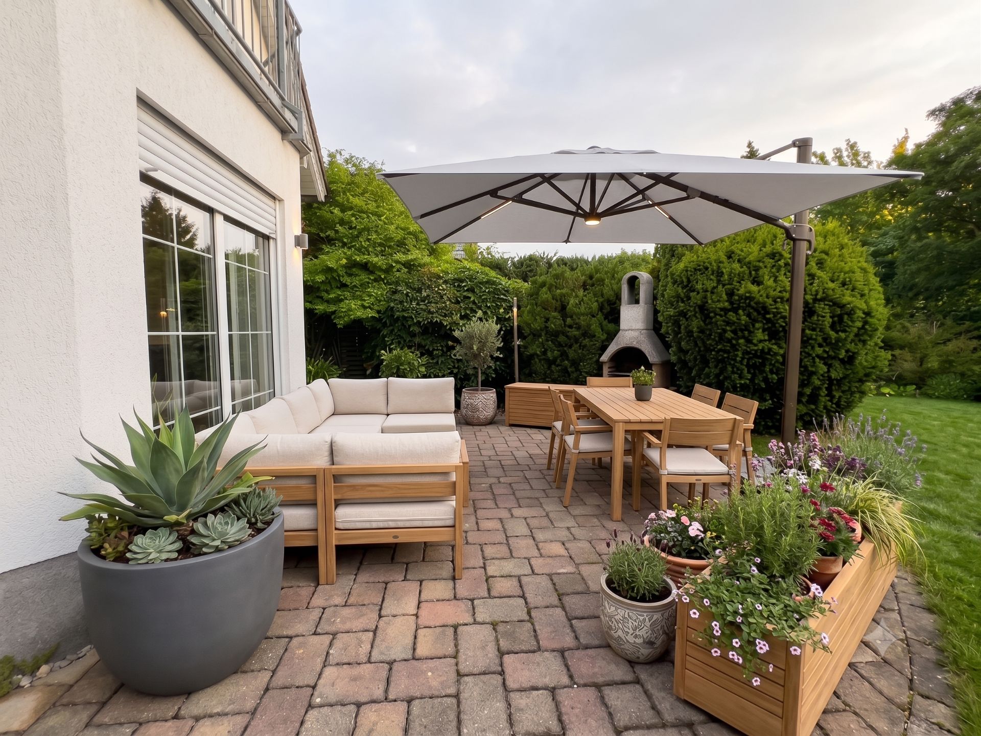 Terrasse mit Sitzgruppe, Esstisch, großem Sonnenschirm und vielen Pflanzen.