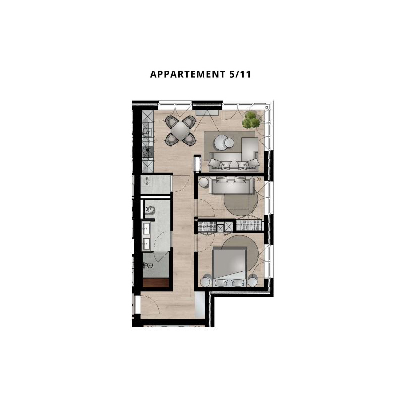 Grundriss einer Wohnung mit zwei Schlafzimmern, zwei Bädern, Wohnzimmer, Küche und Balkon.