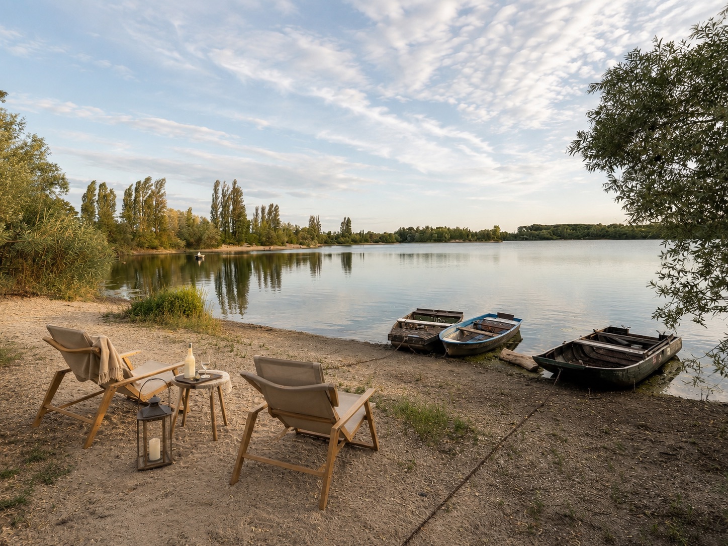 Zwei Stühle und ein Tisch am Seeufer, drei Boote liegen am Wasser.