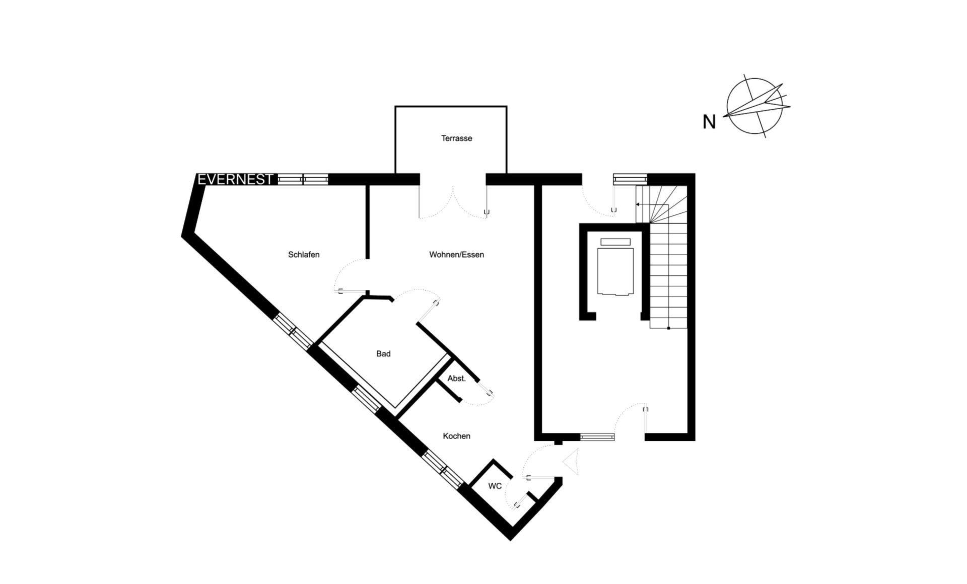 Grundriss einer Wohnung mit Schlafzimmer, Bad, Küche, Wohnbereich und Terrasse.