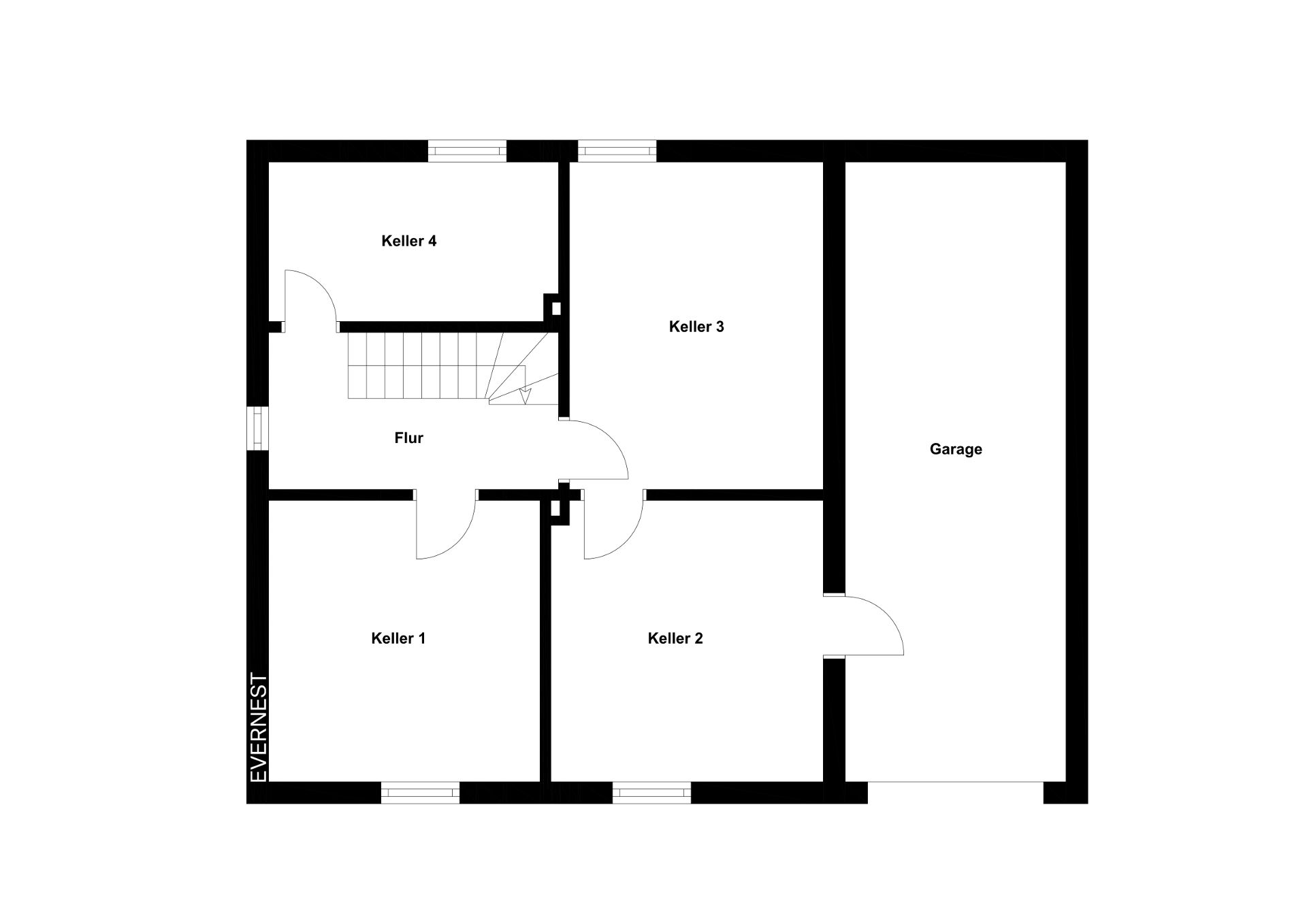 Grundriss eines Kellers mit vier Kellerräumen, Flur und angrenzender Garage.