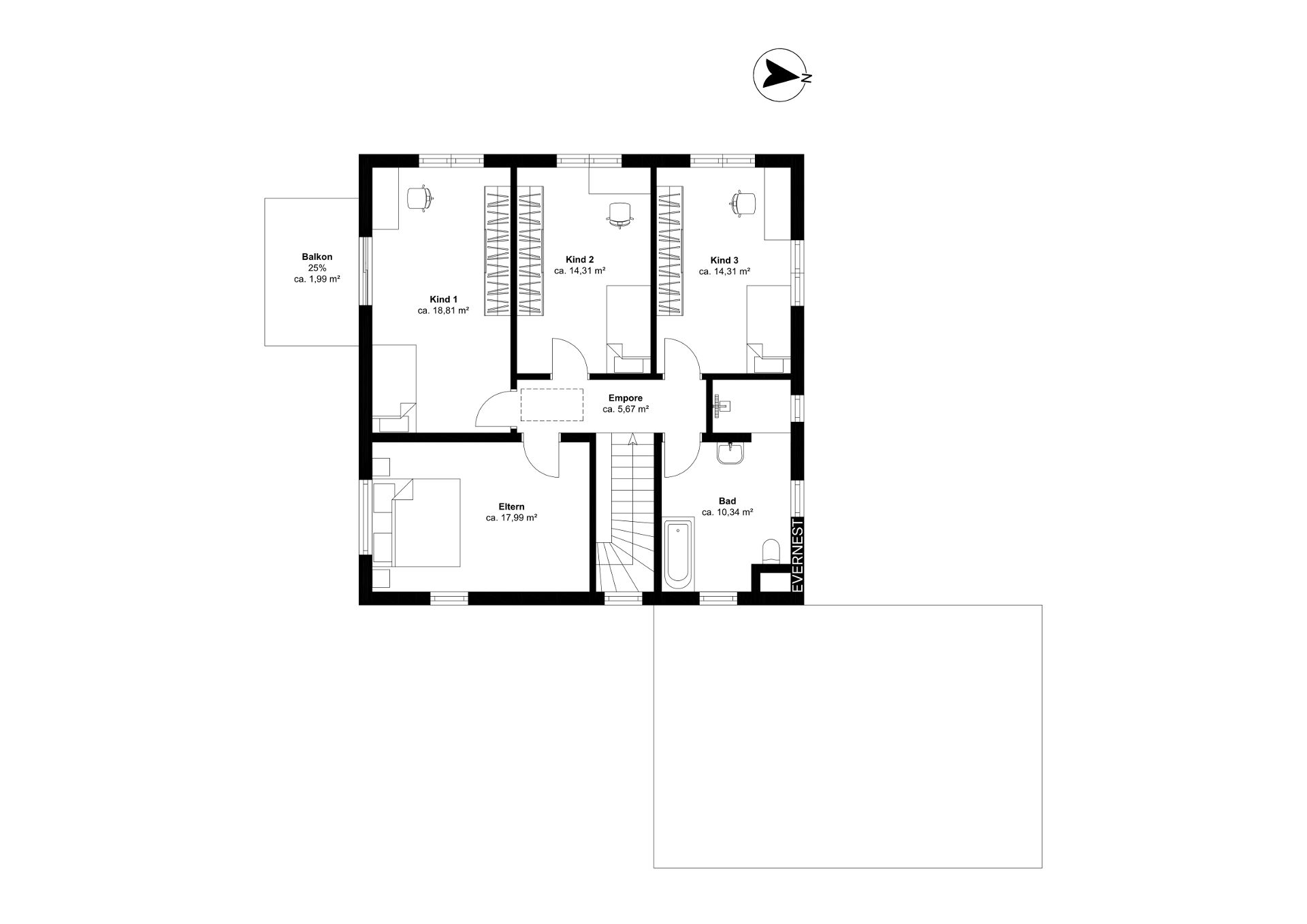 Grundriss mit drei Kinderzimmern, Schlafzimmer, Bad, Empore und Balkon.