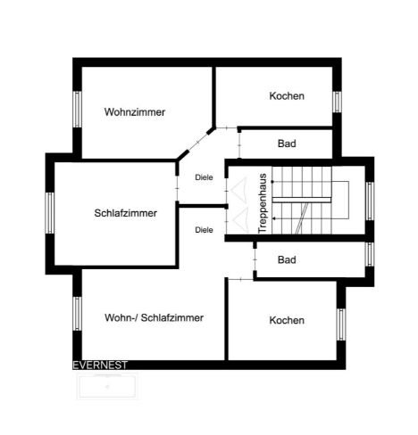 Grundriss mit Wohnzimmer, Schlafzimmer, Wohn-/Schlafzimmer, zwei Küchen, zwei Bädern und Treppenhaus.