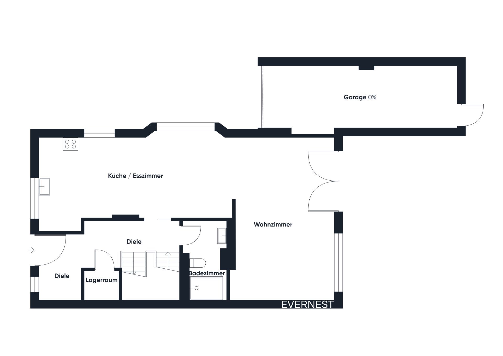 Grundriss mit Küche, Esszimmer, Wohnzimmer, Badezimmer, Diele, Lagerraum und Garage.