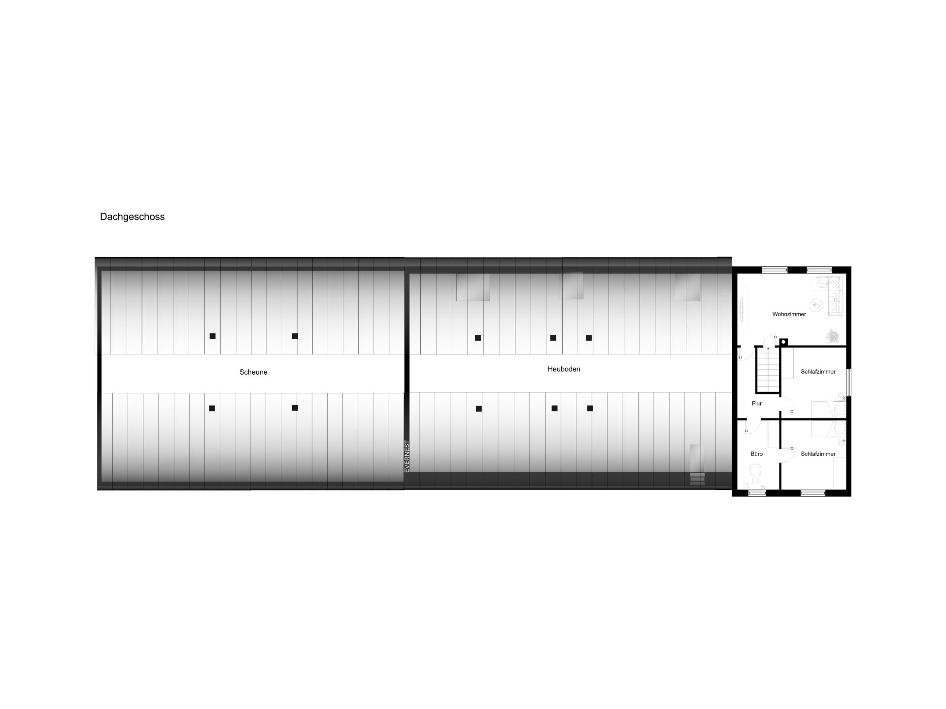Grundriss eines Dachgeschosses mit mehreren Zimmern, Flur und Treppenhaus.