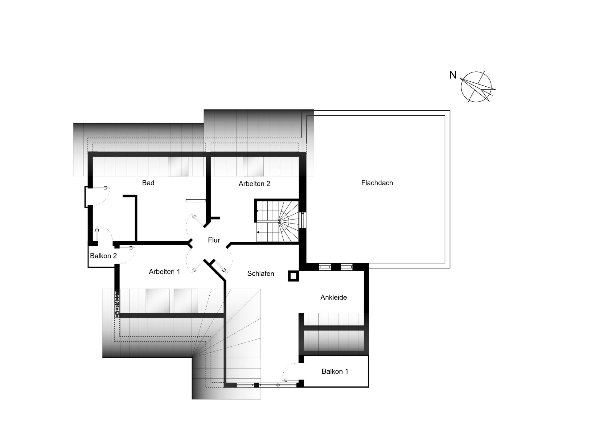 Grundriss eines Obergeschosses mit Bad, Schlafzimmer, Arbeitszimmern, Flur, Ankleide, zwei Balkonen und Flachdach.