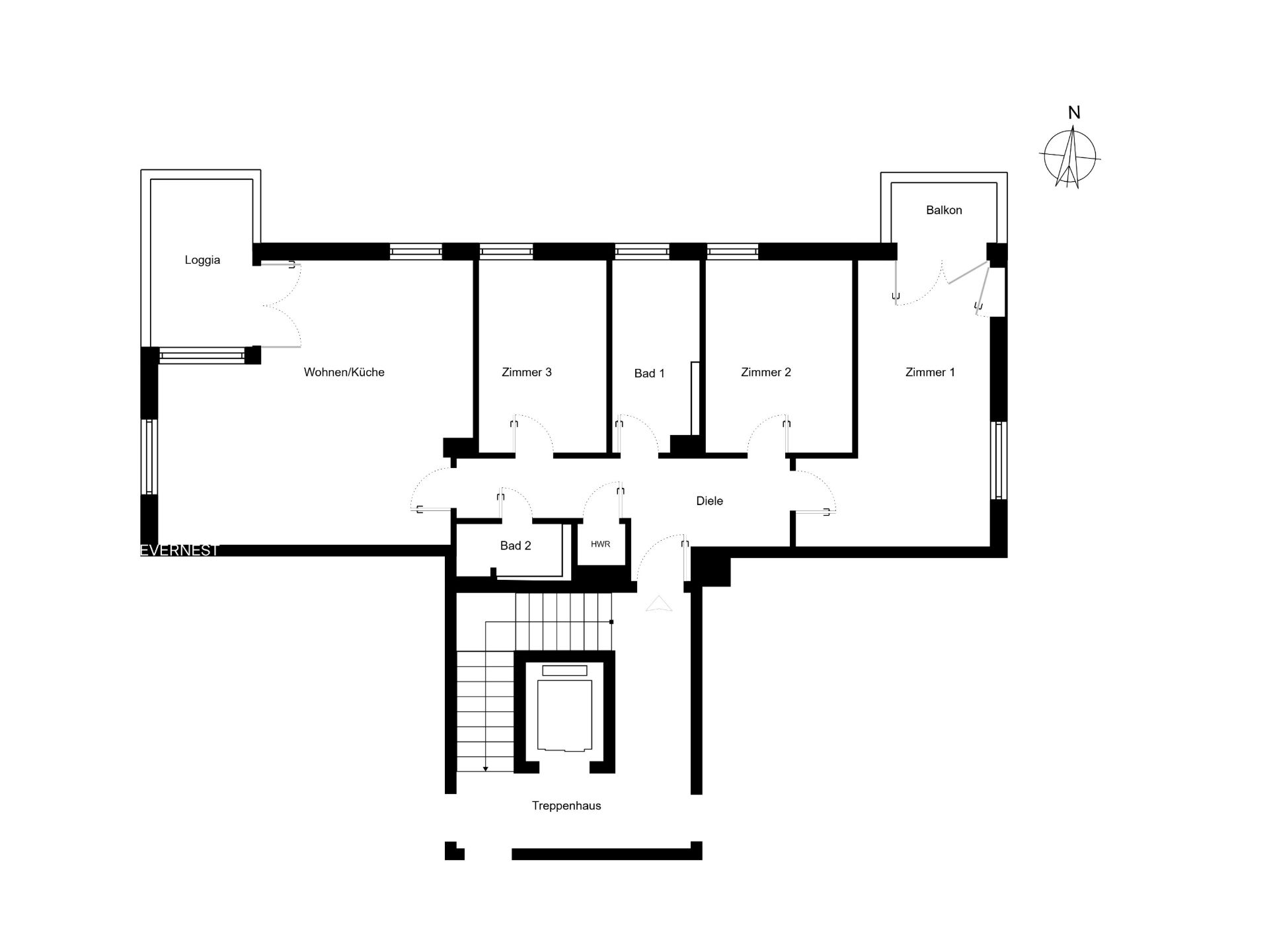 Grundriss einer Wohnung mit drei Zimmern, zwei Bädern, Wohnküche, Loggia und Balkon.