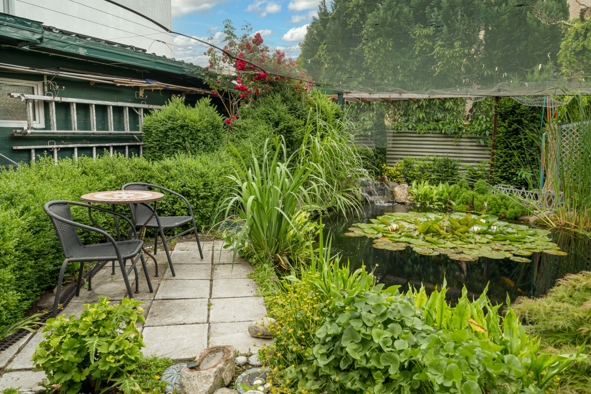 Garten mit kleinem Teich, Seerosen, grünen Pflanzen und einem Sitzbereich mit zwei Stühlen und einem Tisch.