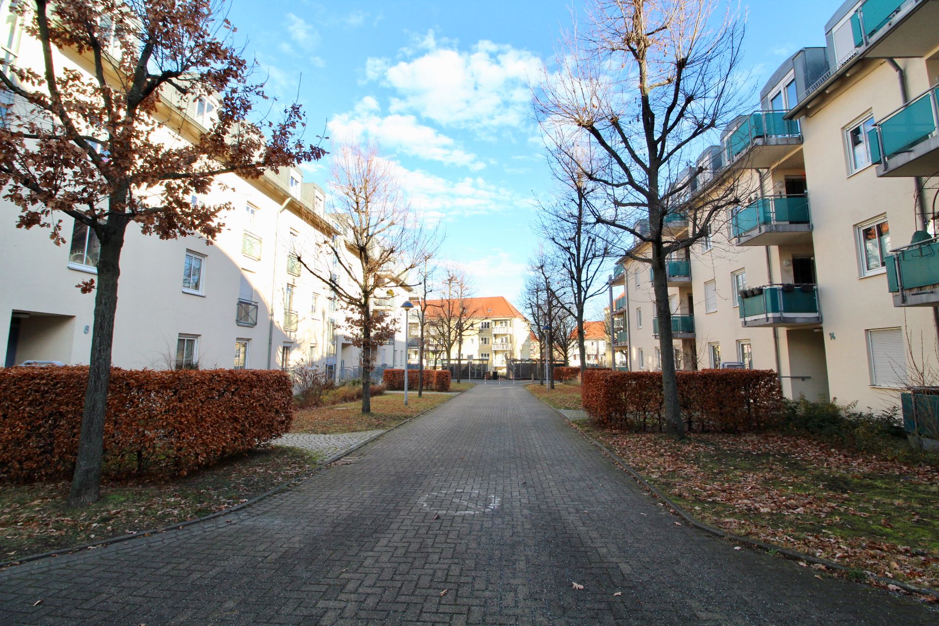Gepflasterter Weg zwischen Wohngebäuden mit Bäumen und Sträuchern an einem sonnigen Tag.